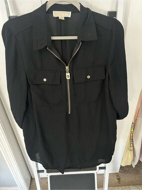 Michael Kors Black Half-Zip Blouse with Gold Hardware